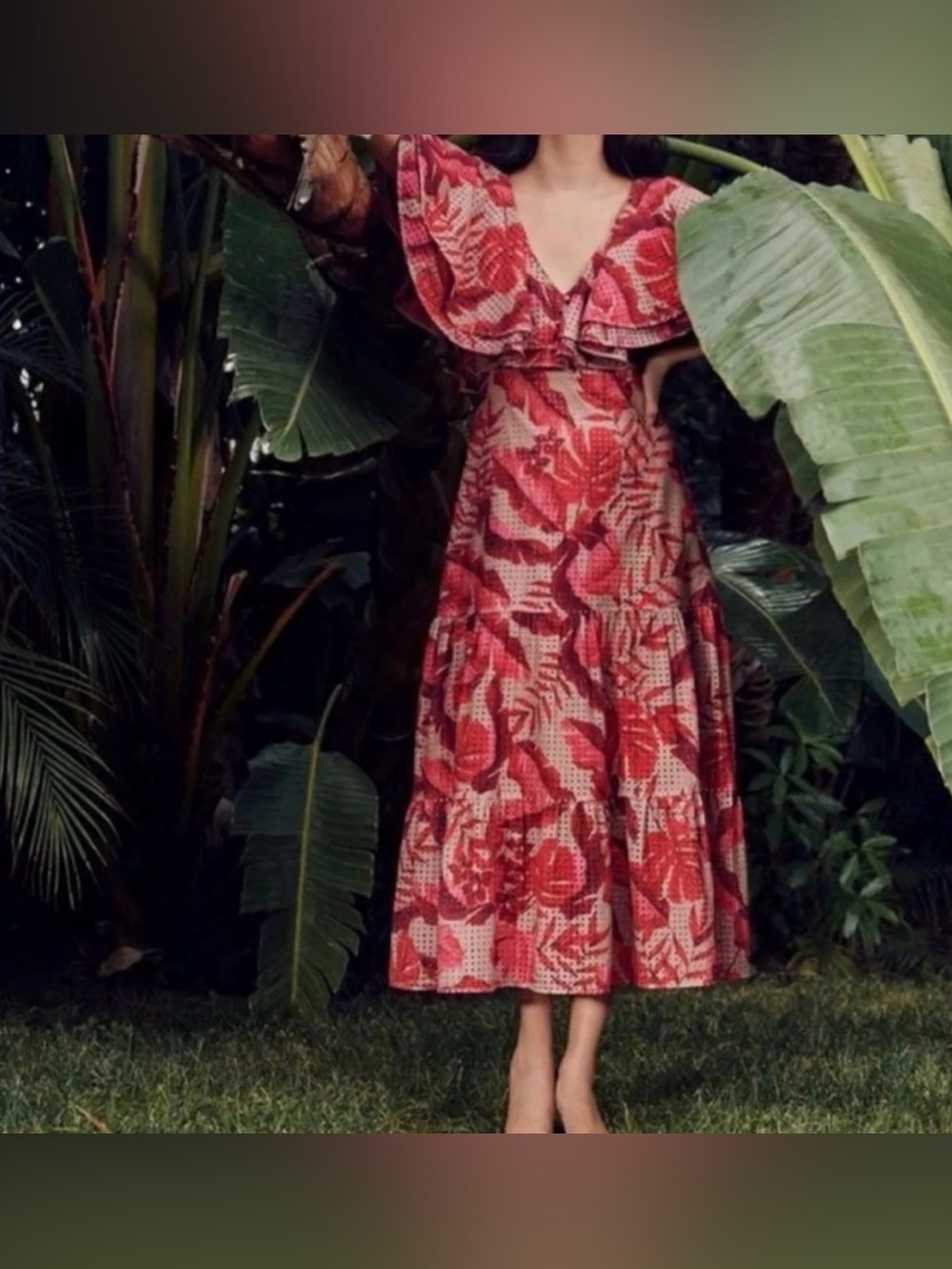 H&M Joanna Ortiz Red Floral V-Neck Tiered Midi Ruffle Dress